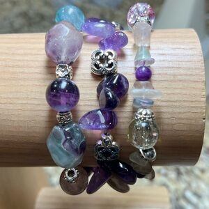 Handmade 3-Piece Fluorite & Amethyst Bracelet Bundle | Handmade Artisan Set